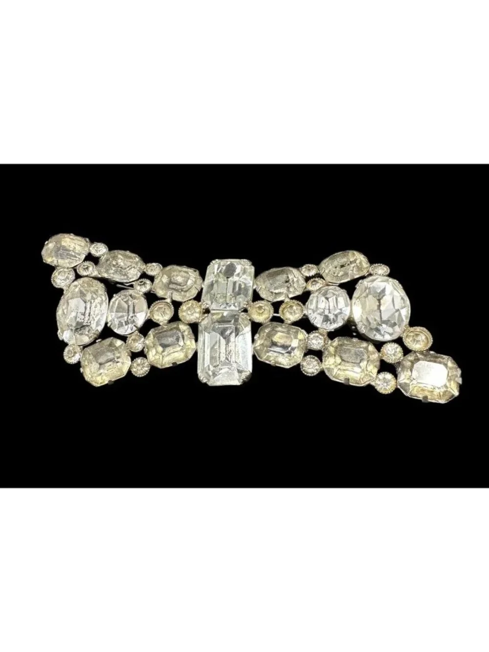 Vintage Paste Crystal Clear Rhinestone Brooch Pin Large Silver Tone